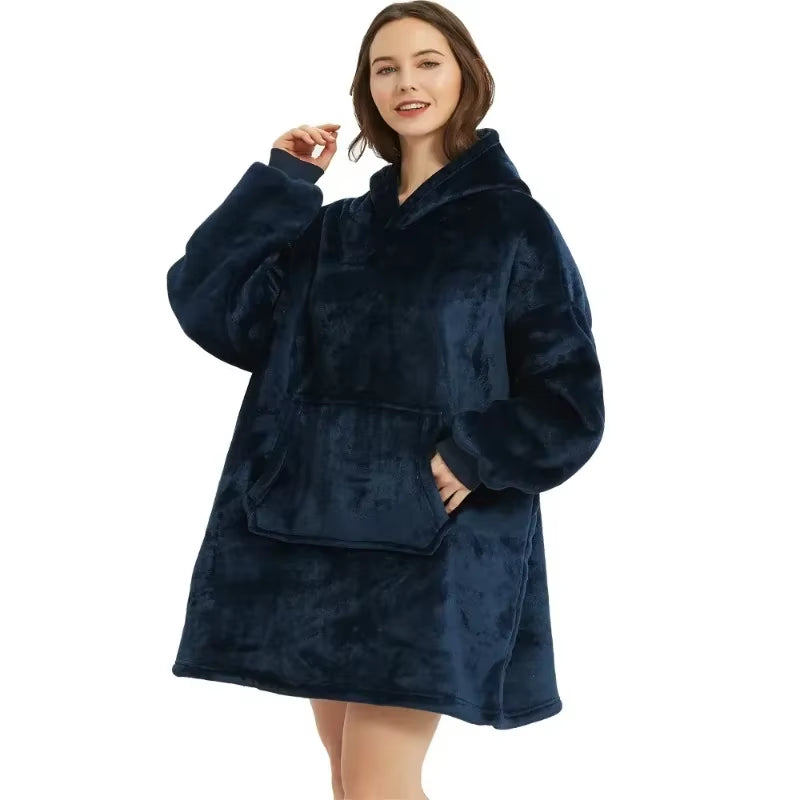 Oversized Winter Hoodie Blanket – Fleece Pullover with Long Flannel Sleeves for Men & Women