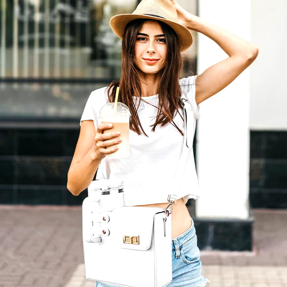 Portable Outdoor Crossbody Water Bottle Carrier, Adjustable Strap PU Leather Bag