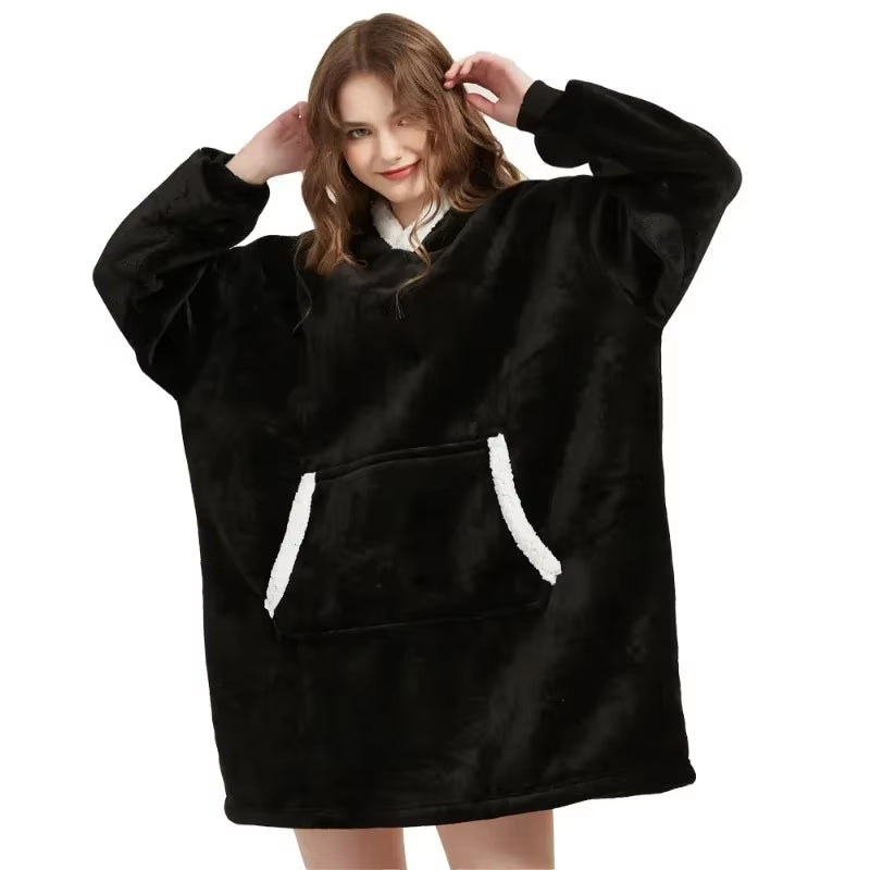 Oversized Winter Hoodie Blanket – Fleece Pullover with Long Flannel Sleeves for Men & Women