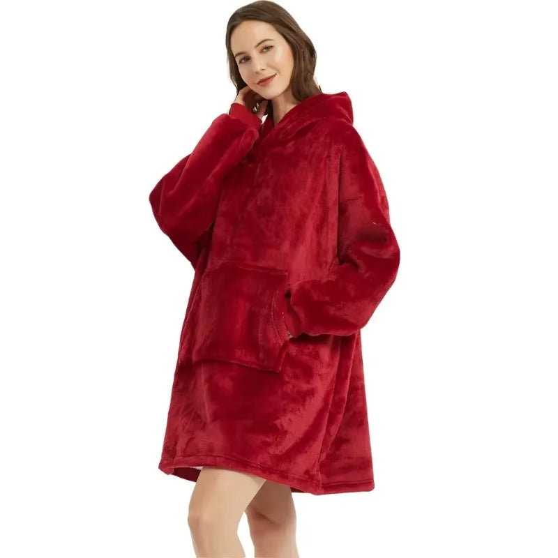 Oversized Winter Hoodie Blanket – Fleece Pullover with Long Flannel Sleeves for Men & Women