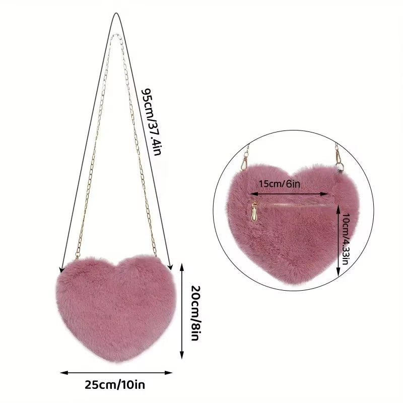 Faux Fur Heart Crossbody Bag, Cute Fluffy Chain Shoulder Purse for Women