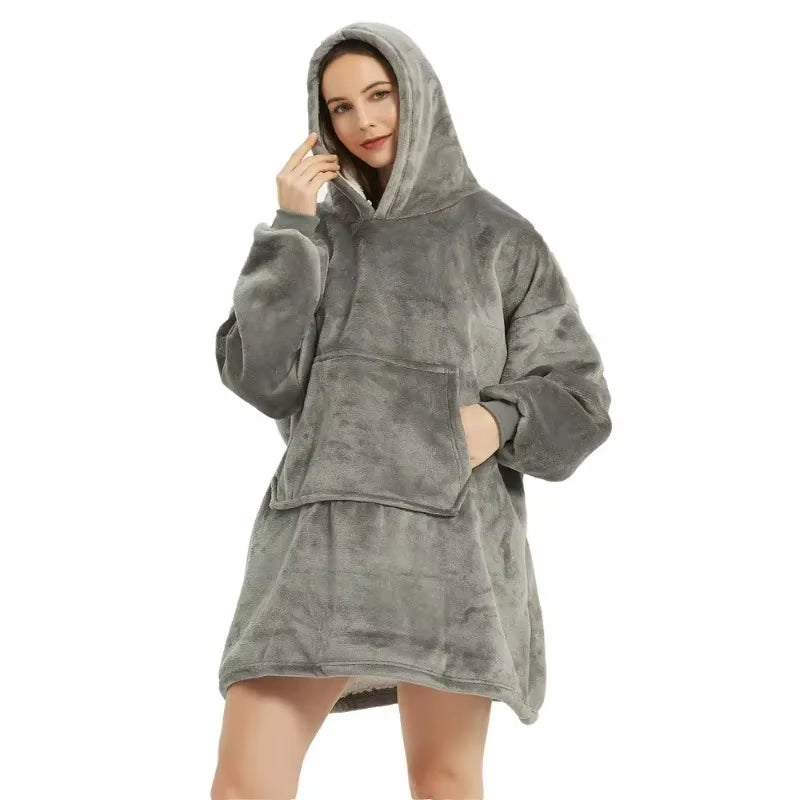 Oversized Winter Hoodie Blanket – Fleece Pullover with Long Flannel Sleeves for Men & Women