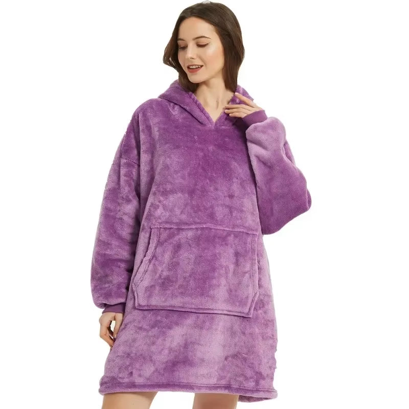 Oversized Winter Hoodie Blanket – Fleece Pullover with Long Flannel Sleeves for Men & Women