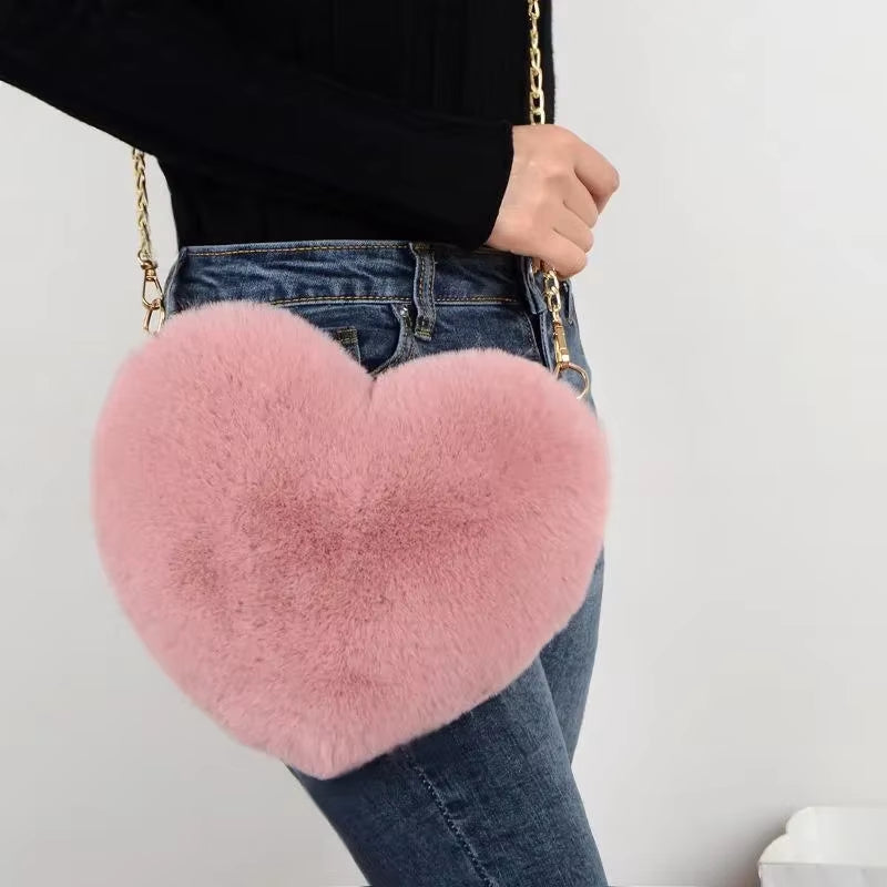 Faux Fur Heart Crossbody Bag, Cute Fluffy Chain Shoulder Purse for Women