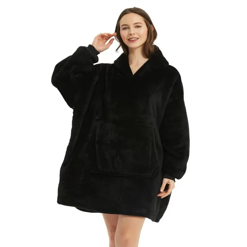 Oversized Winter Hoodie Blanket – Fleece Pullover with Long Flannel Sleeves for Men & Women