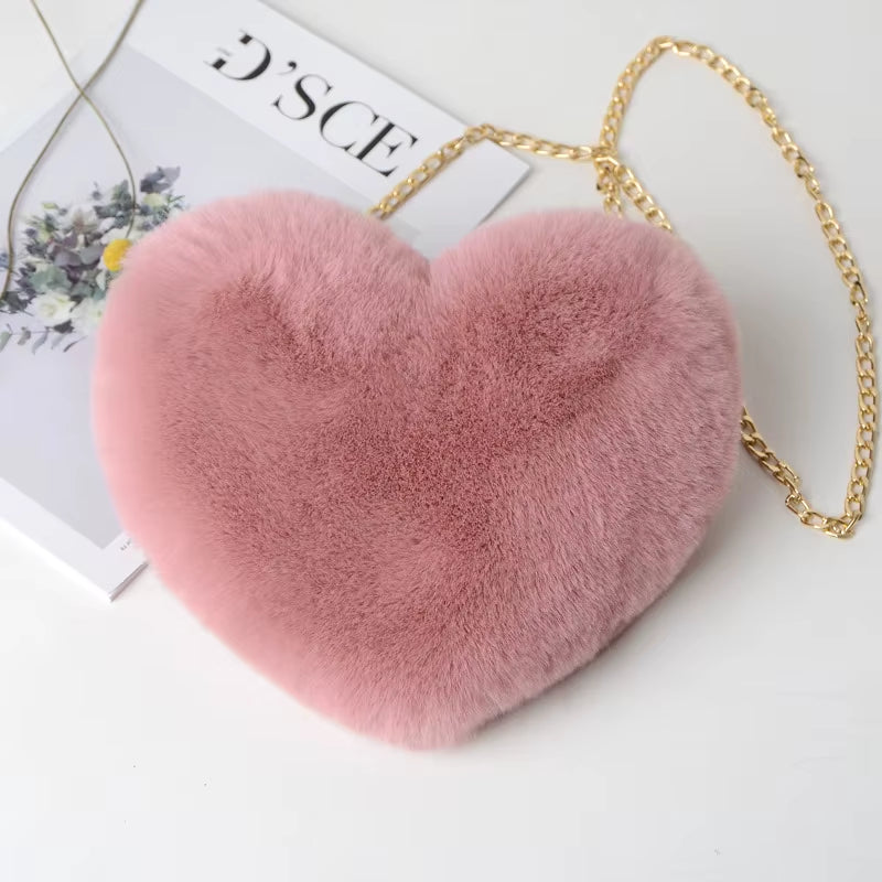 Faux Fur Heart Crossbody Bag, Cute Fluffy Chain Shoulder Purse for Women