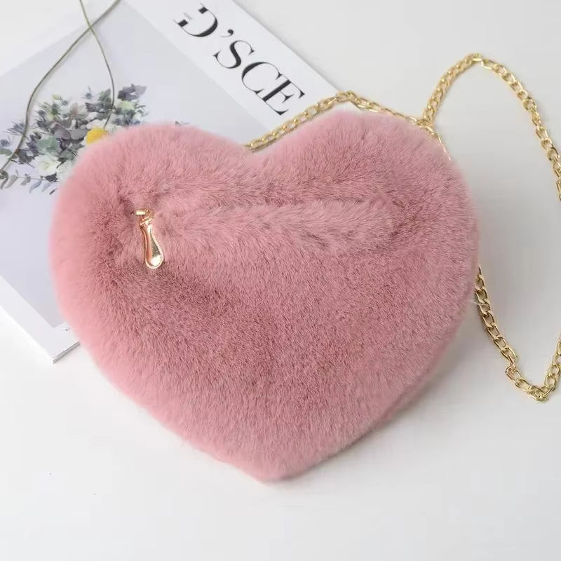 Faux Fur Heart Crossbody Bag, Cute Fluffy Chain Shoulder Purse for Women